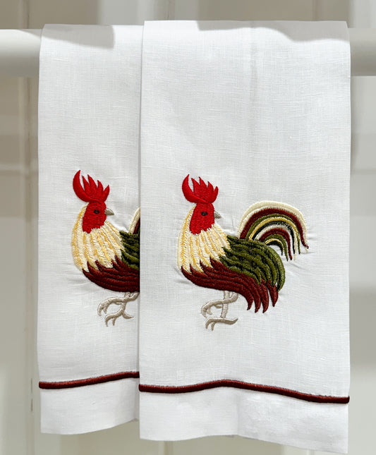 Par de toallas de lino bordado gallo