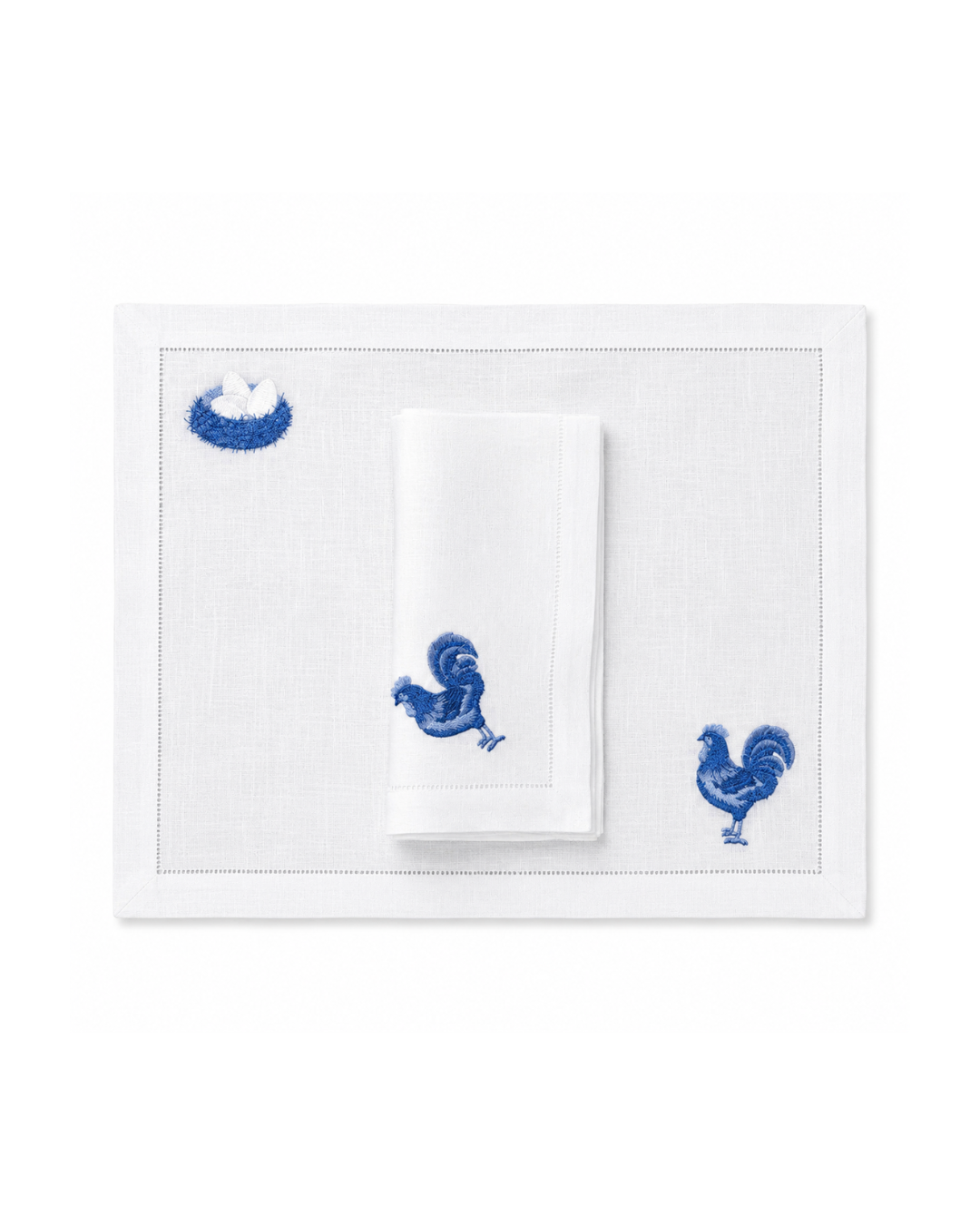 Juego de 4 Individuales con Servilleta l Gallina y nido en colores azules.