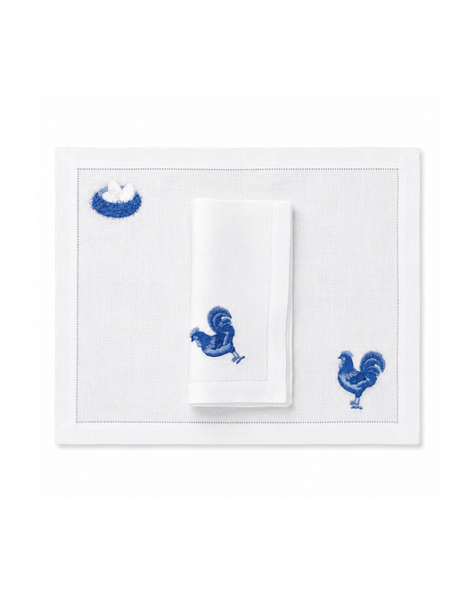 Juego de 4 Individuales con Servilleta l Gallina y nido en colores azules.