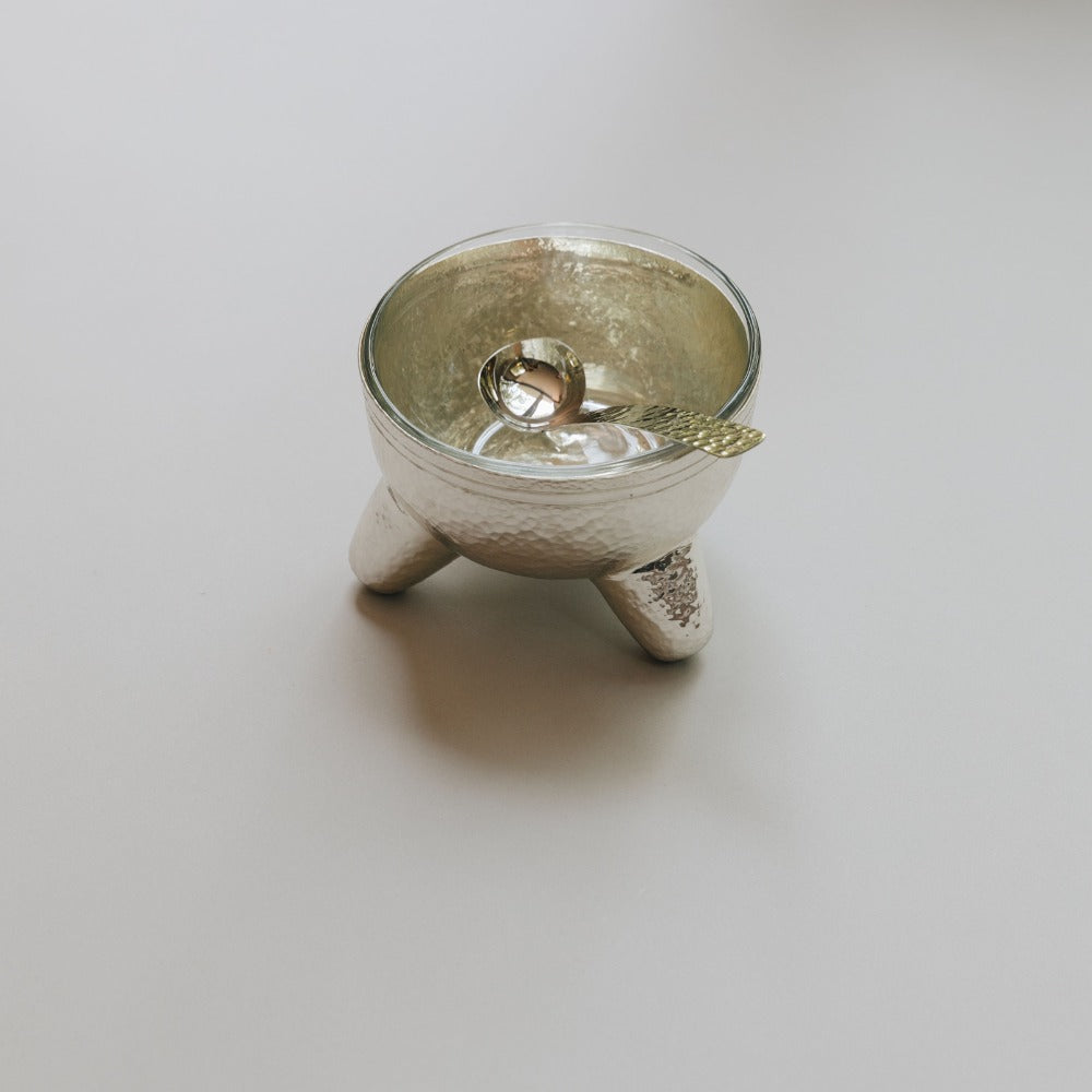 SILVER MORTAR AND PESTLE W/ GLASS