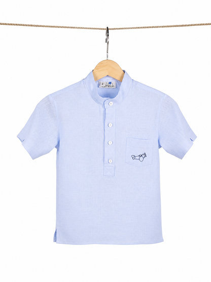 Camisa de lino azul l Bordado Avión