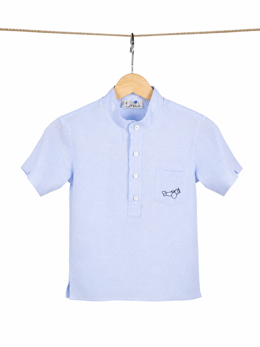 Camisa de lino azul l Bordado Avión