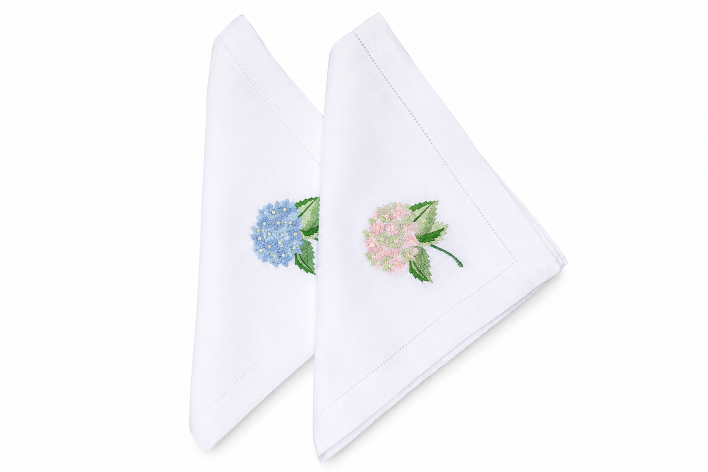 Juego de 4 servilletas con bordado de hortensia azul