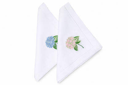 Juego de 4 servilletas con bordado de hortensia azul
