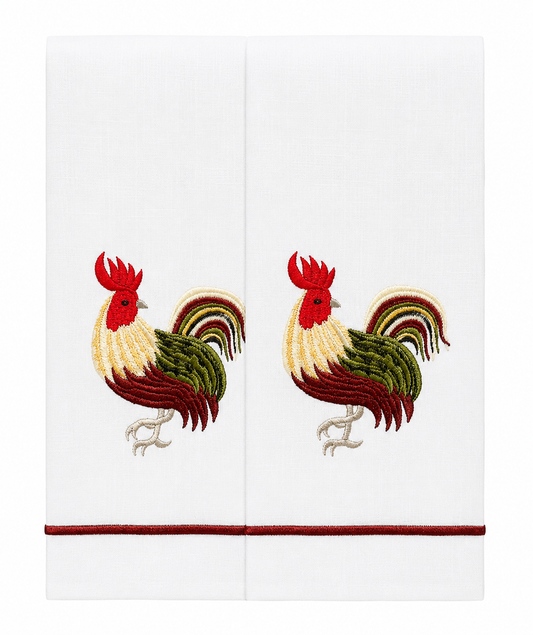 Par de toallas de lino bordado gallo