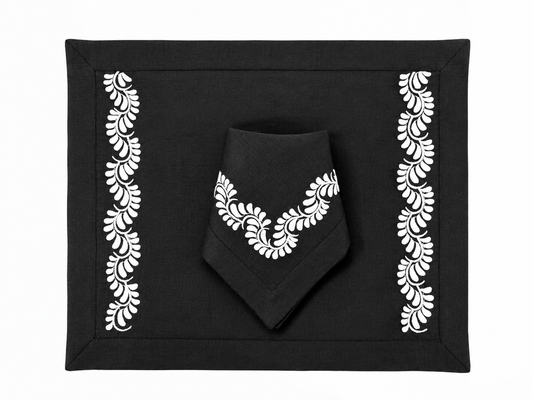 Juego de 4 Individuales con Servilleta l Negro con Talavera Blanco