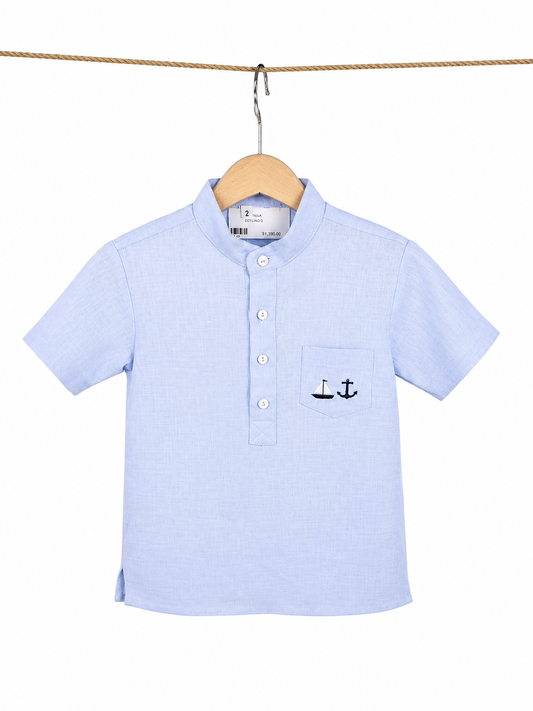 Camisa de lino azul l Bordado Barco/ Ancla