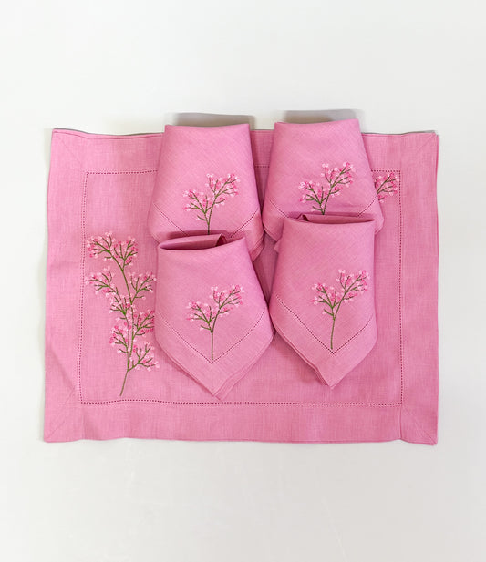 Individuales con servilleta, rosas con bordado de flores