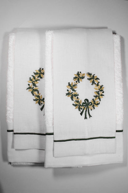 JGO 4 TOALLAS DECORATIVAS BORDADAS CORONA PLATEADA/DORADA MOÑO VERDE