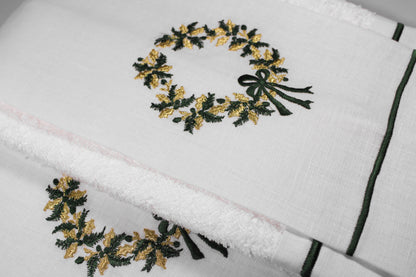 JGO 4 TOALLAS DECORATIVAS BORDADAS CORONA PLATEADA/DORADA MOÑO VERDE