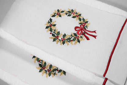 JGO 4 TOALLAS DECORATIVAS BORDADAS CORONA CORONA DORADA PLATEADA  MOÑO ROJO