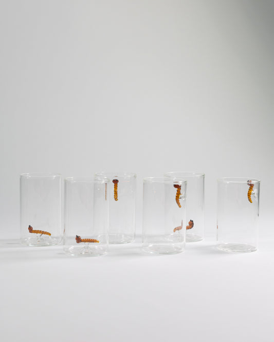 Set de 6 vasos Tequileros de cristal con detalle de Gusano