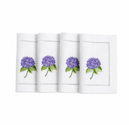 Juego de servilletas cocktail rectangulares Hortensia morada.