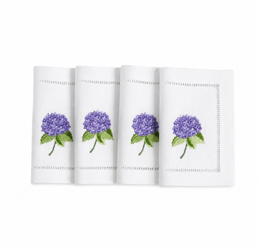 Juego de servilletas cocktail rectangulares Hortensia morada.