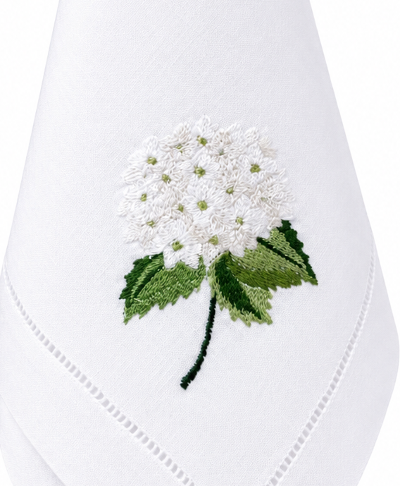 Servilleta de lino con bordado hortensia
