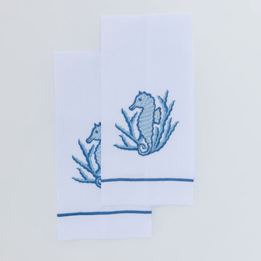 Par de toallas de lino caballito marino azul